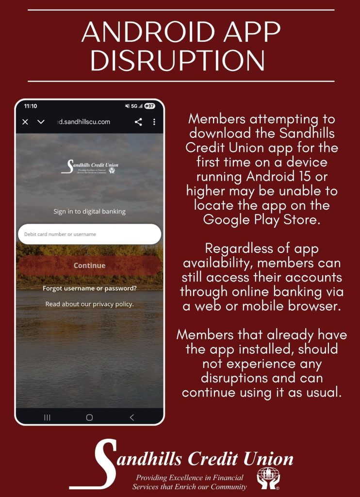 Sandhills Credit Union - Android App Disruption November 2025